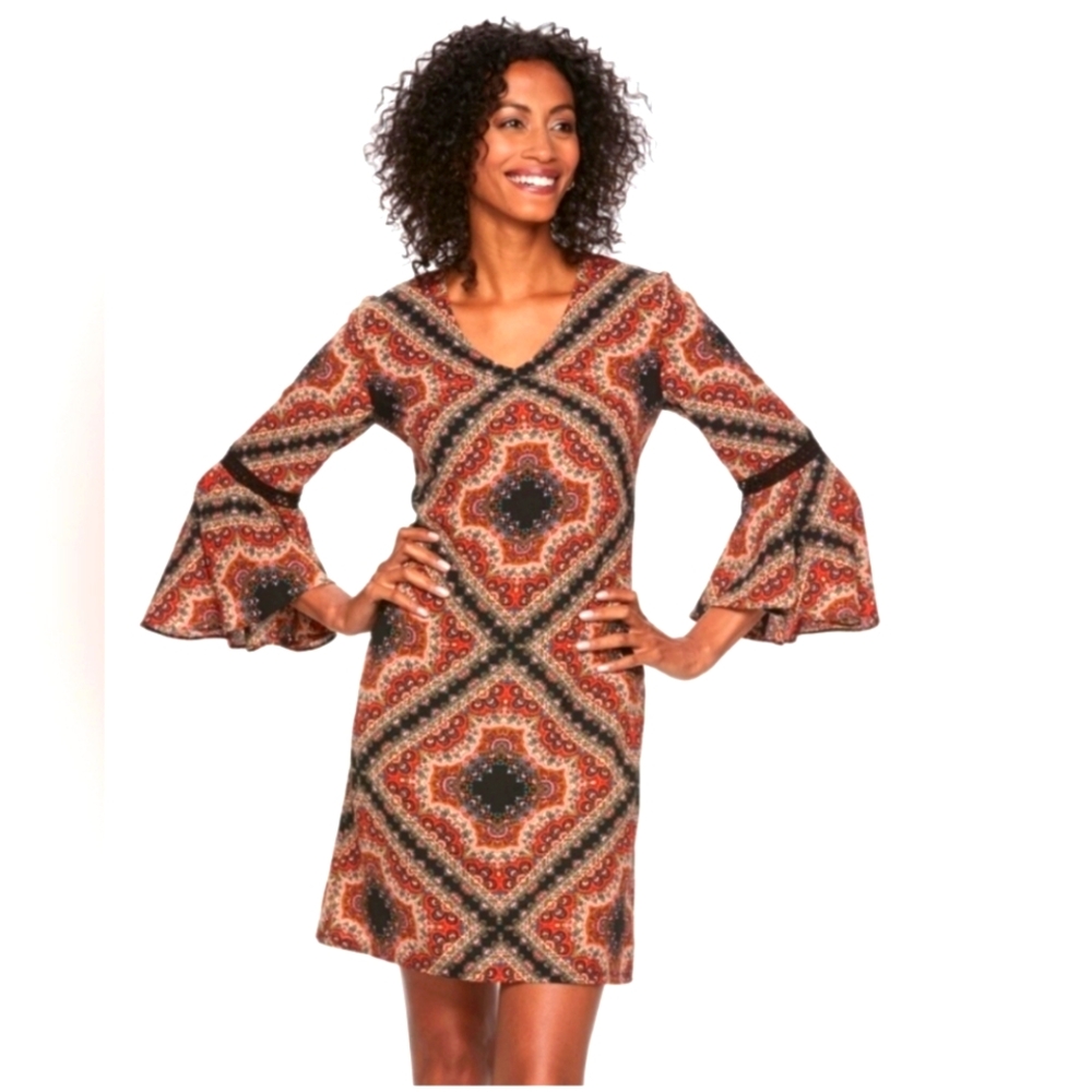 MSK Bohemian Patterned Dress Size S Boho Bell Sleeve Black Orange Green Blue